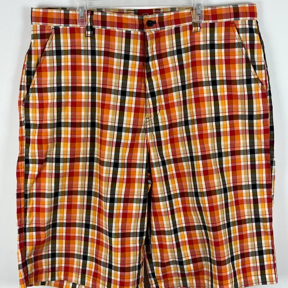 PJ Mark Bermuda Shorts Size 42 Orange Red Plaid Inseam 14in Rise 14in Slash Pock